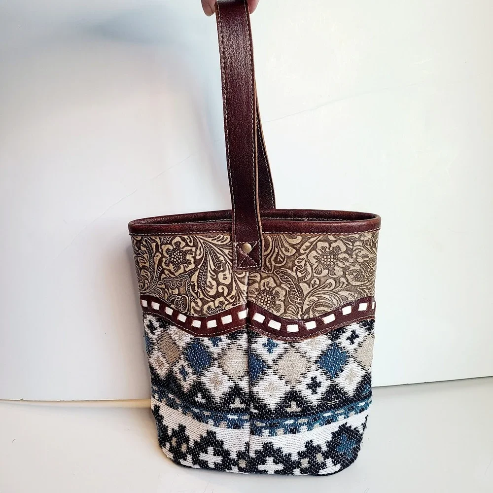 Myra Bag Western Tooled Leather Tote Bucket Wine Bag Leather Handle